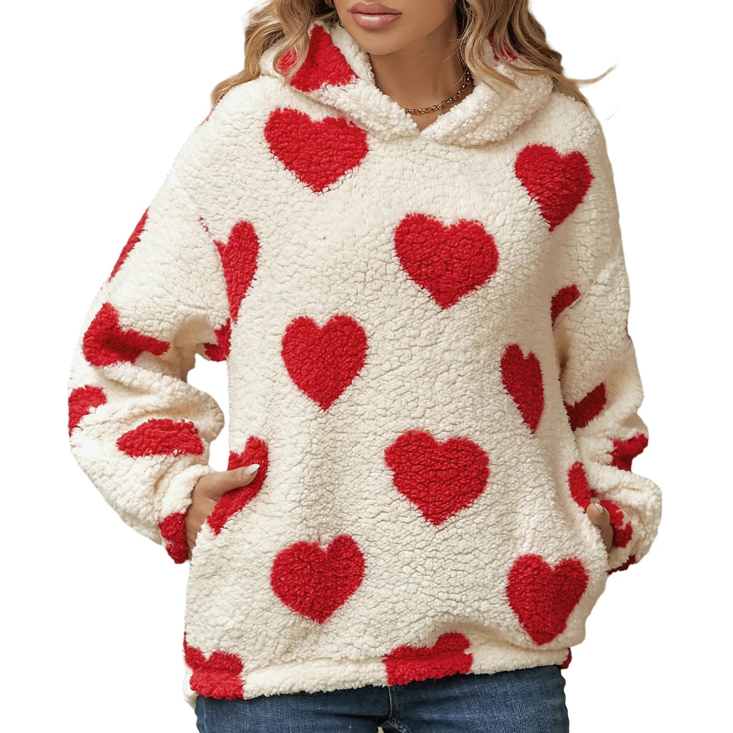 Women's Fuzzy Fleece Hoodies Valentine's Day Sweet Sweatshirts Heart Print Casual Long Sleeves Shaggy Sherpa Pullovers Coat - Premium hoodie from Lizard Vigilante - Just $38.88! Shop now at Lizard Vigilante