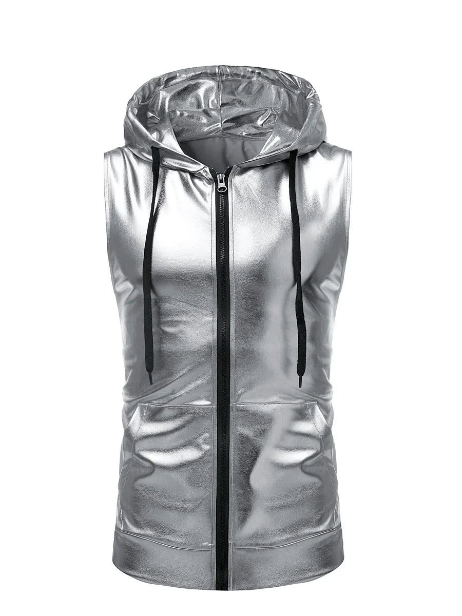 Hooded Men Shiny Gold Silver Zipper Nightclub Vest Men's Harajuku Streetwear Hip Hop Tops Dance Sleeveless Jackets Waistcoat - Premium vest from Lizard Vigilante - Just $36.88! Shop now at Lizard Vigilante