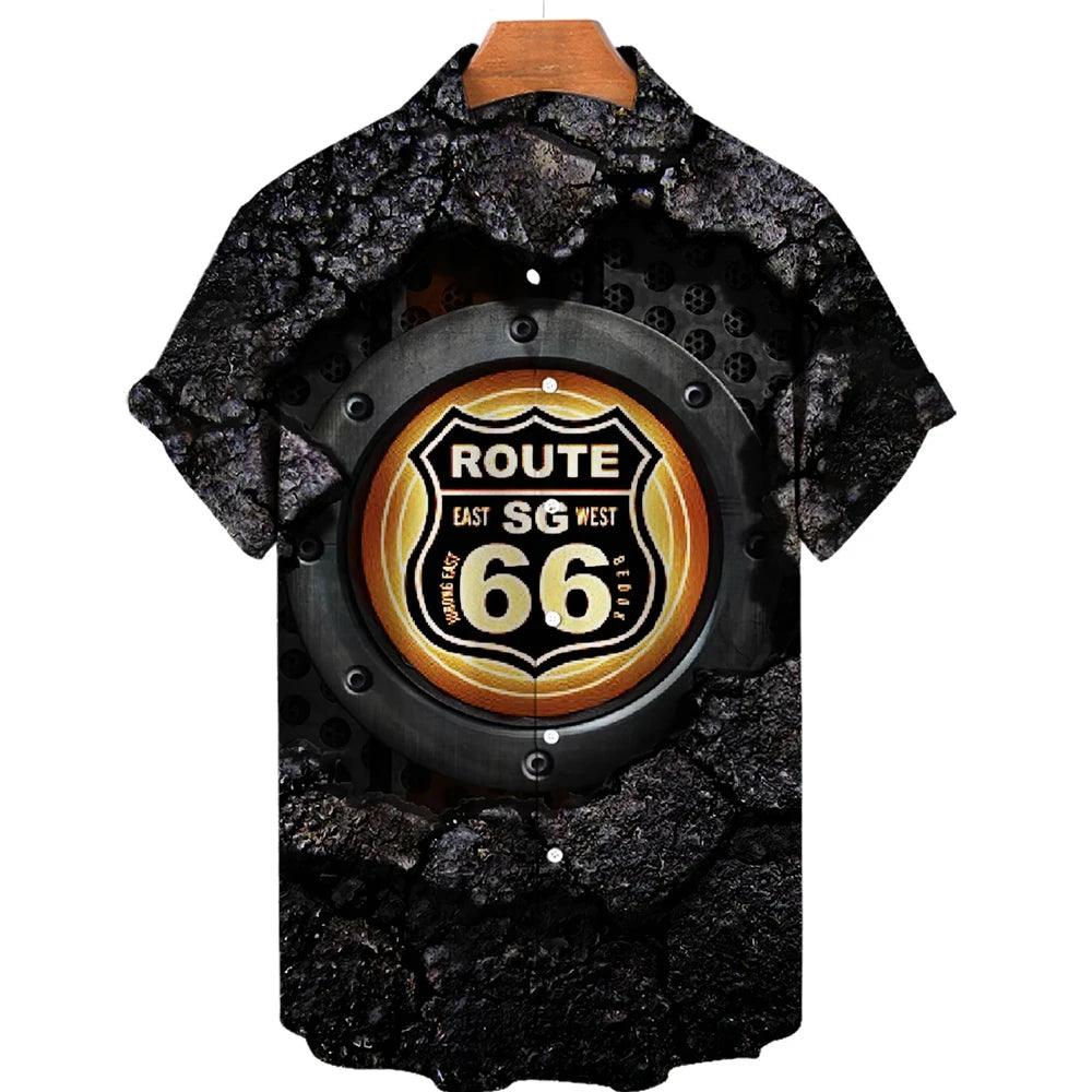 Hawaiian T-shirt Men's Shirts Route 66 Motorcycle Lapel Summer Short Sleeve American 66 Route Printed Shirt for Men Button Blouse Male Clothing - Lizard Vigilante