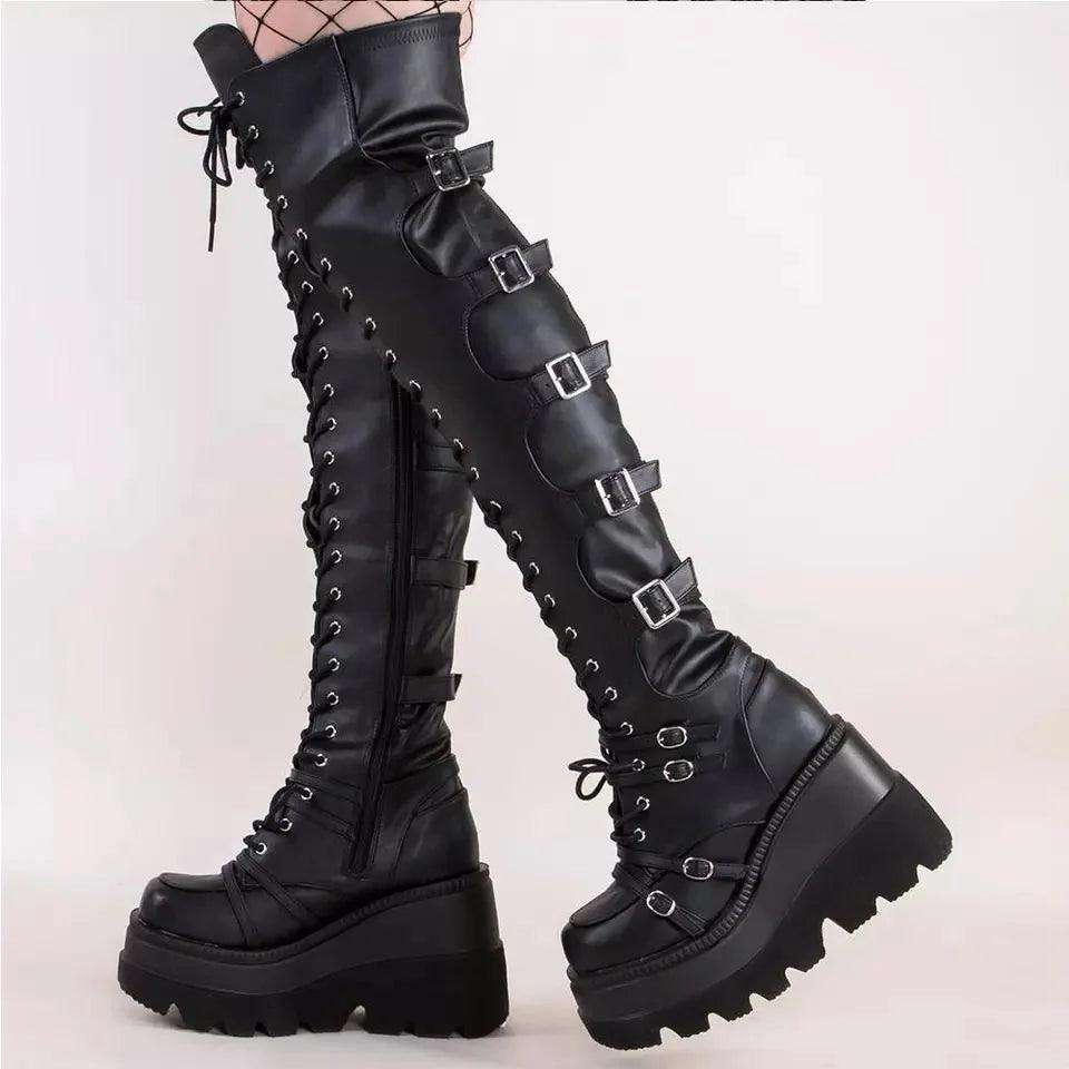 Gothic Thigh High Boots Women Platform Wedges Long Motorcycle Boot Over The Knee Army Stripper Heels Punk Rock Lace-up Belt Buckle - Lizard Vigilante