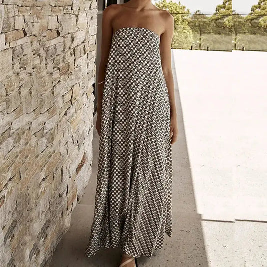 Fashion Strapless High Waisted Long Dress Women Casual Off Shoulder Pleated Bohemian Dress Elegant Pattern Printed Holiday Dress