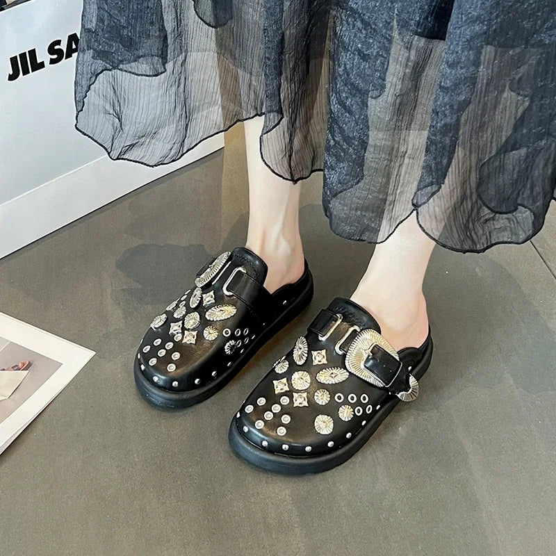 2024 MODX Women’s Punk Rock Leather Mules with Rivets – Platform Casual Slides for Creative Style and Comfort - Premium slippers from Lizard Vigilante - Just $53.88! Shop now at Lizard Vigilante