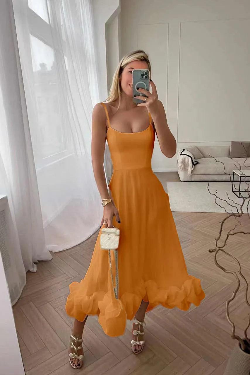 Elegant Ruffle Solid Sling Long Dress Women Strap Waist Party Dressed Fashion Sleeveless Backless Beach Swing skirt A-line Dresses - Lizard Vigilante