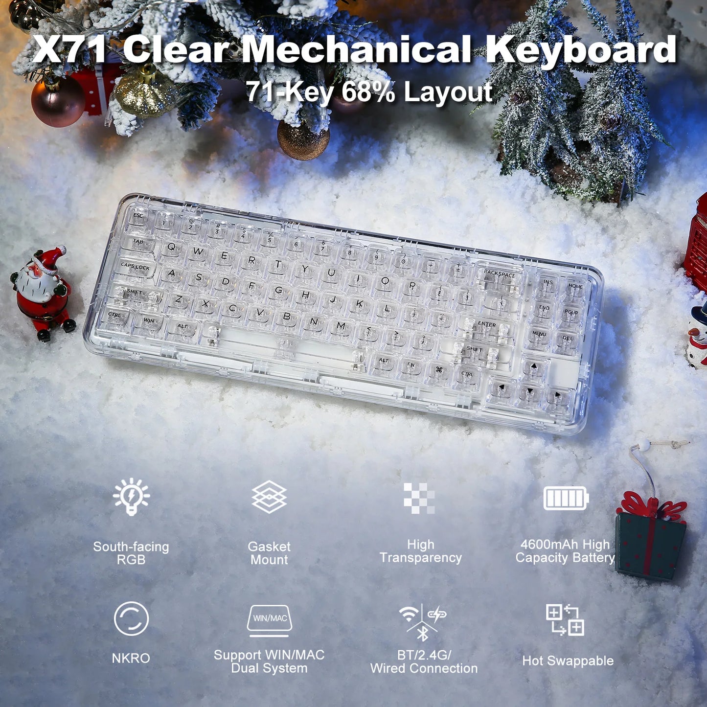 YUNZII X71 Transparent RGB Mechanical Keyboard — 68% Gasket-Mounted Ghost Machine with Hot-Swap Crystal Switches & 3-Mode Wireless Fury