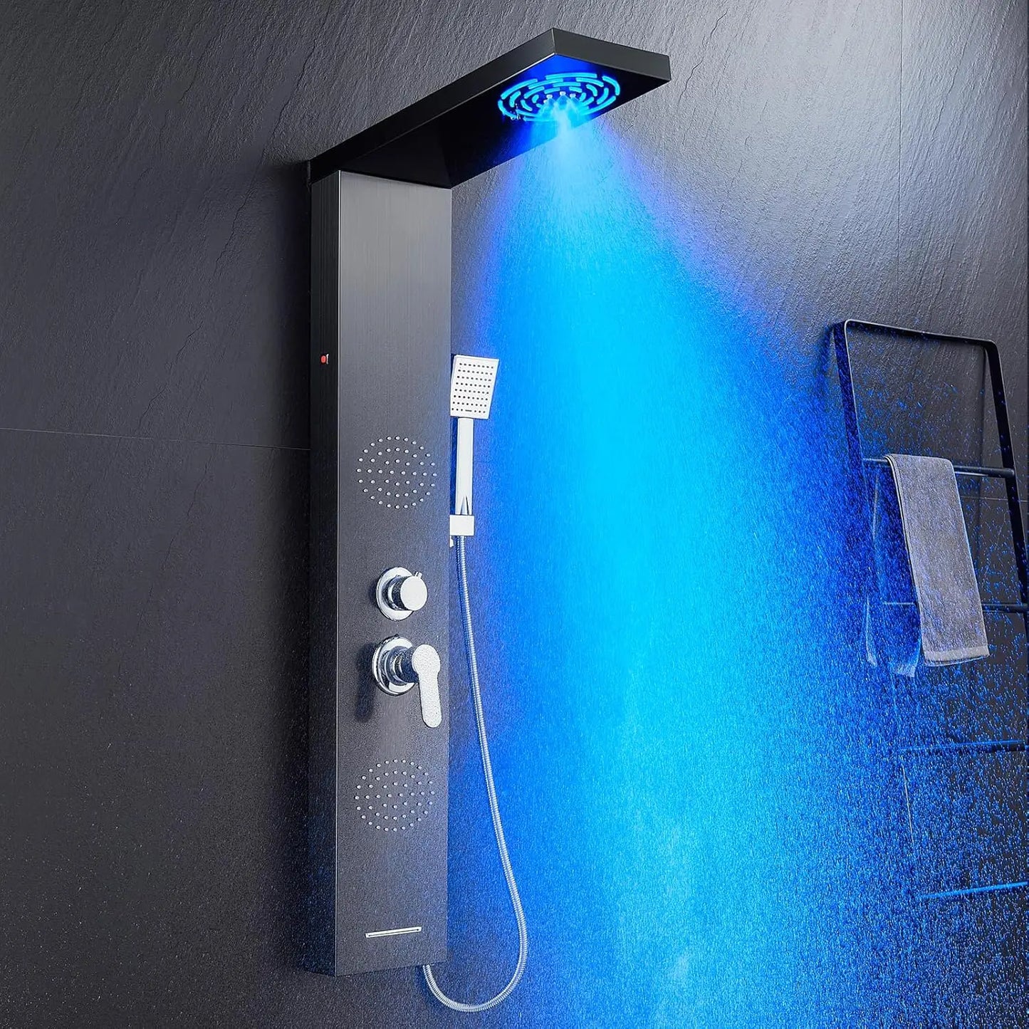 POPFLY LED Shower Panel with Shelf – Black 304 Stainless Steel, Multi-function Mist & Rainfall Shower System with Body Jets and Tub Spout - Premium shower panel from Lizard Vigilante - Just $146.99! Shop now at Lizard Vigilante