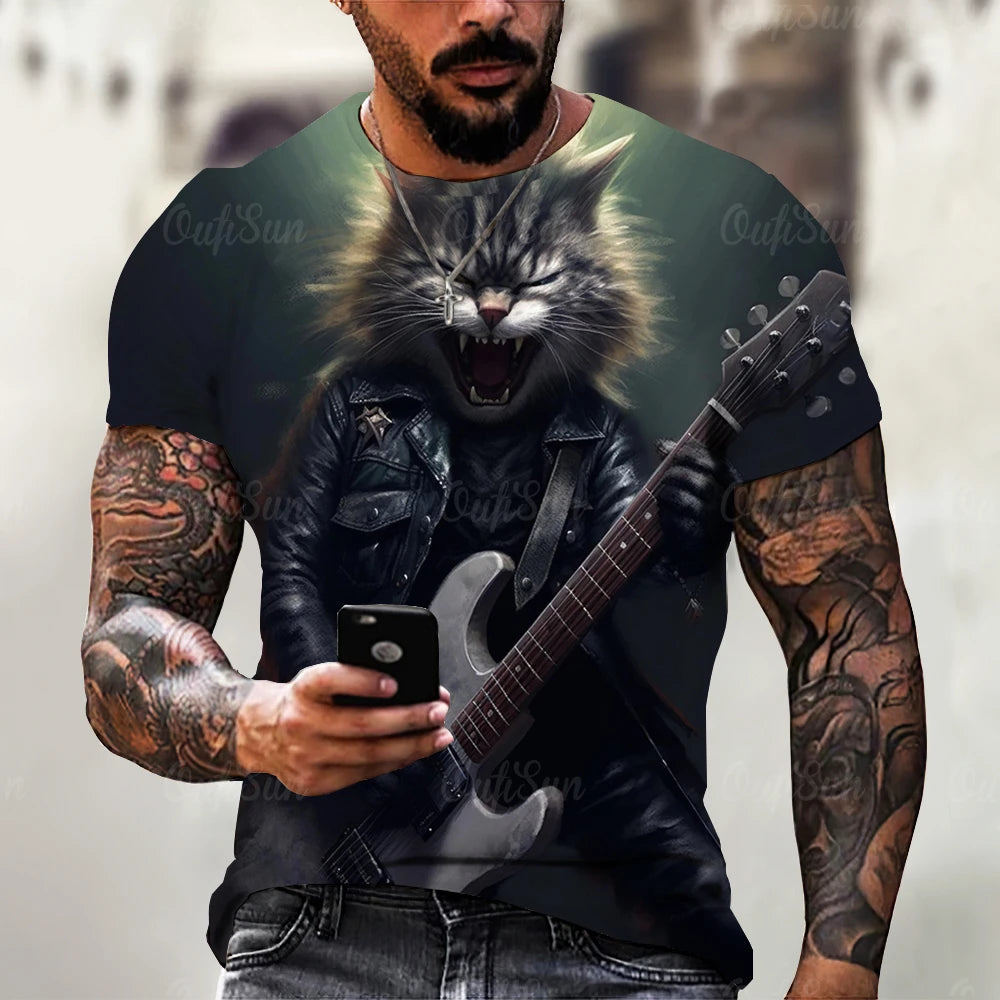 Funny T Shirt For Men Summer Short Sleeve Animal T-Shirts Rock Metal Cat 3d Print Fashion Casual Street Oversized Men's Clothing - Premium T-Shirt from Lizard Vigilante - Just $22.99! Shop now at Lizard Vigilante