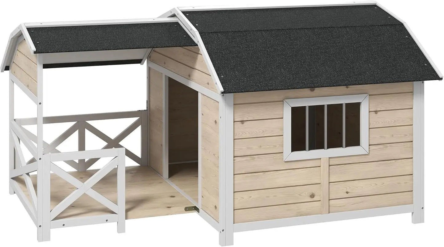 Wooden Dog House Outdoor with Porch, Raised Pet Kennel for Medium Large Dogs, with Asphalt Roof, Front Door, Side Windows - Premium  from Lizard Vigilante - Just $473.99! Shop now at Lizard Vigilante