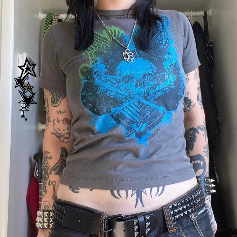 2000s Aesthetic Mall Goth E-girl Gothic T-shirt Retro Y2K Grunge Skull Wing Crop Tops Indie Graphic Print Short Sleeve Tee Women - Premium T-Shirt from Lizard Vigilante - Just $29.99! Shop now at Lizard Vigilante