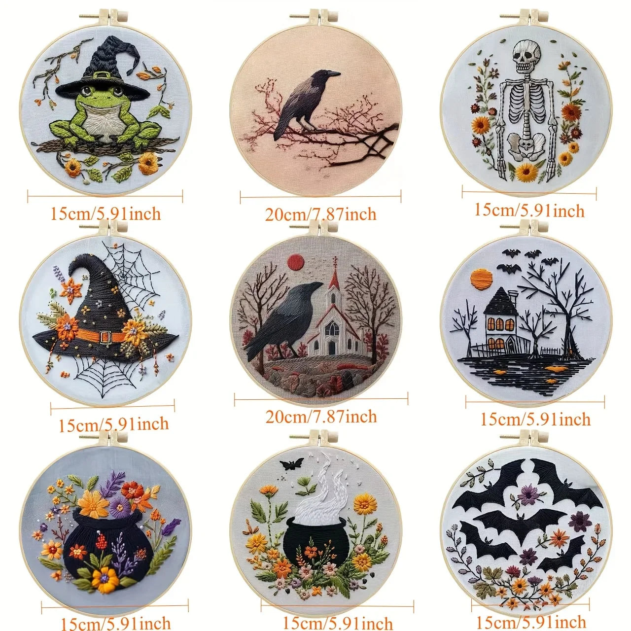 Halloween-themed pattern hand-embroidery DIY set material package, the set includes needles, threads, embroidery strips, and an