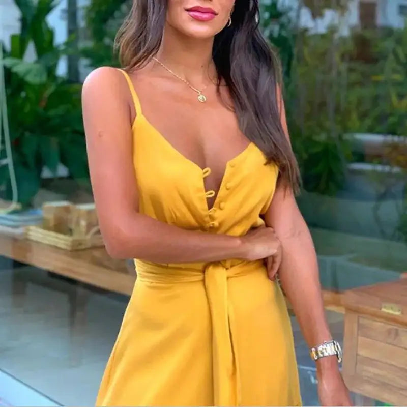 Elegant and Sexy Summer Women's V-neck Beach Dress with High Waist Waist Waist Waist Belt and Sling Long Dress for Party