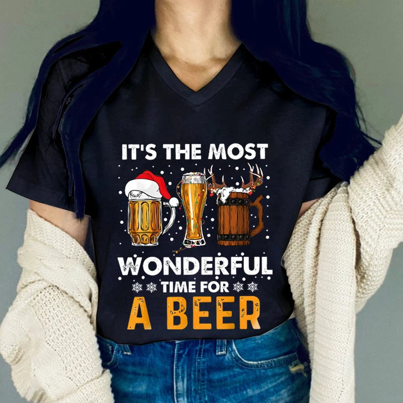 "It's The Most Wonderful Time for A Beer" V-Neck Tee – Casual Christmas Shirt - Premium T-Shirt from Lizard Vigilante - Just $23.88! Shop now at Lizard Vigilante