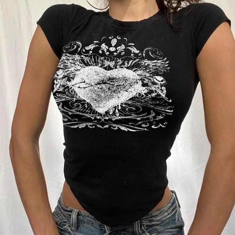 2000s Aesthetic Mall Goth E-girl Gothic T-shirt Retro Y2K Grunge Skull Wing Crop Tops Indie Graphic Print Short Sleeve Tee Women - Premium T-Shirt from Lizard Vigilante - Just $29.99! Shop now at Lizard Vigilante