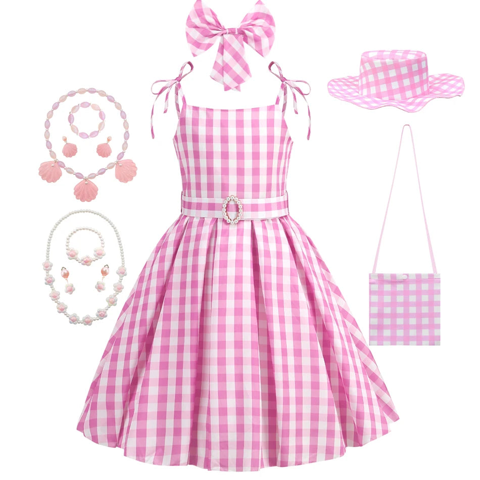 Barbie Movie Costume Girls Princess Cosplay Clothes Children Pink Plaid Dress Halloween Carnival Kids Party Wear 2-10 Years - Premium Cosplay Costumes from Lizard Vigilante - Just $18.99! Shop now at Lizard Vigilante