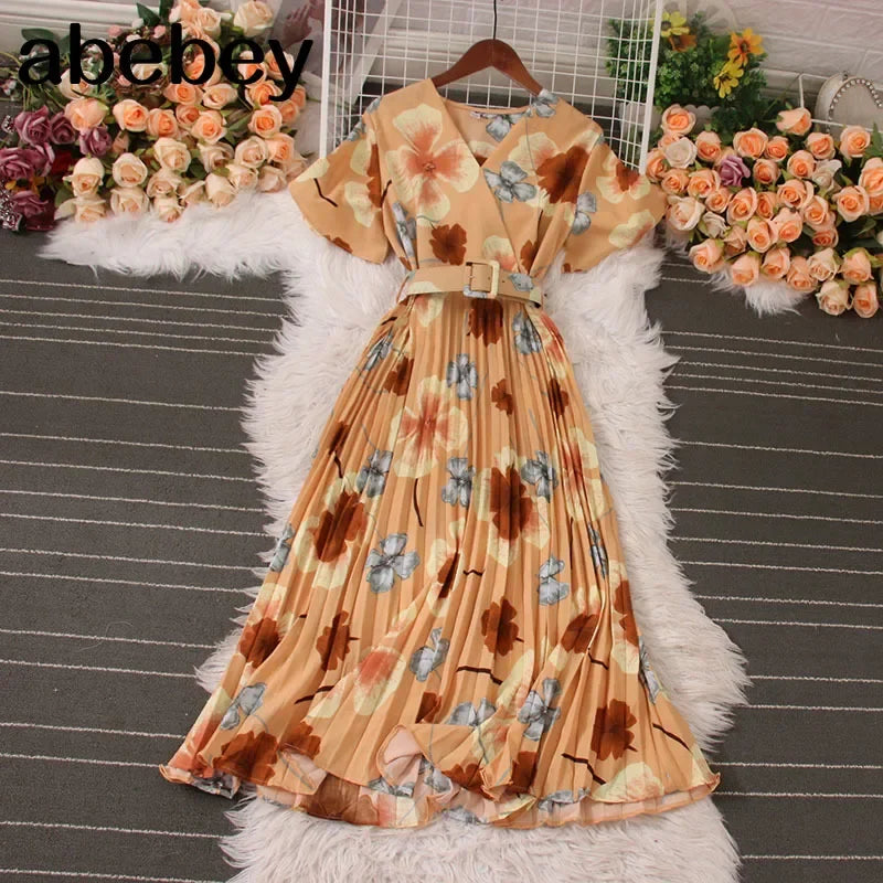 Women Dress Fashion Vintage Ins Bandage Slim Waist A-line Long Dress Vacation Beach Summer Outfits Lady Robe Femme