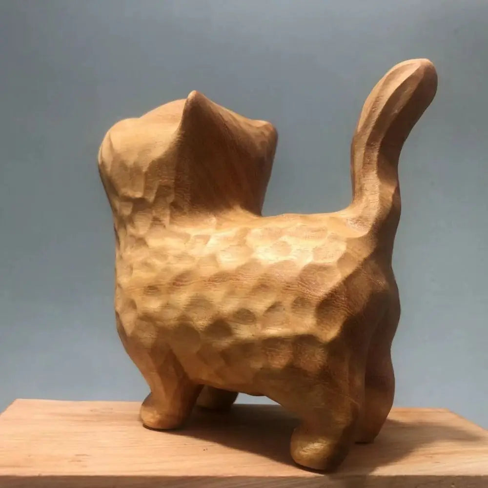 Cat Ornament Hand-carved Wooden Cat Statue Tiny Cute Cat Sculpture Miniature Creative Animal Figurine Desktop