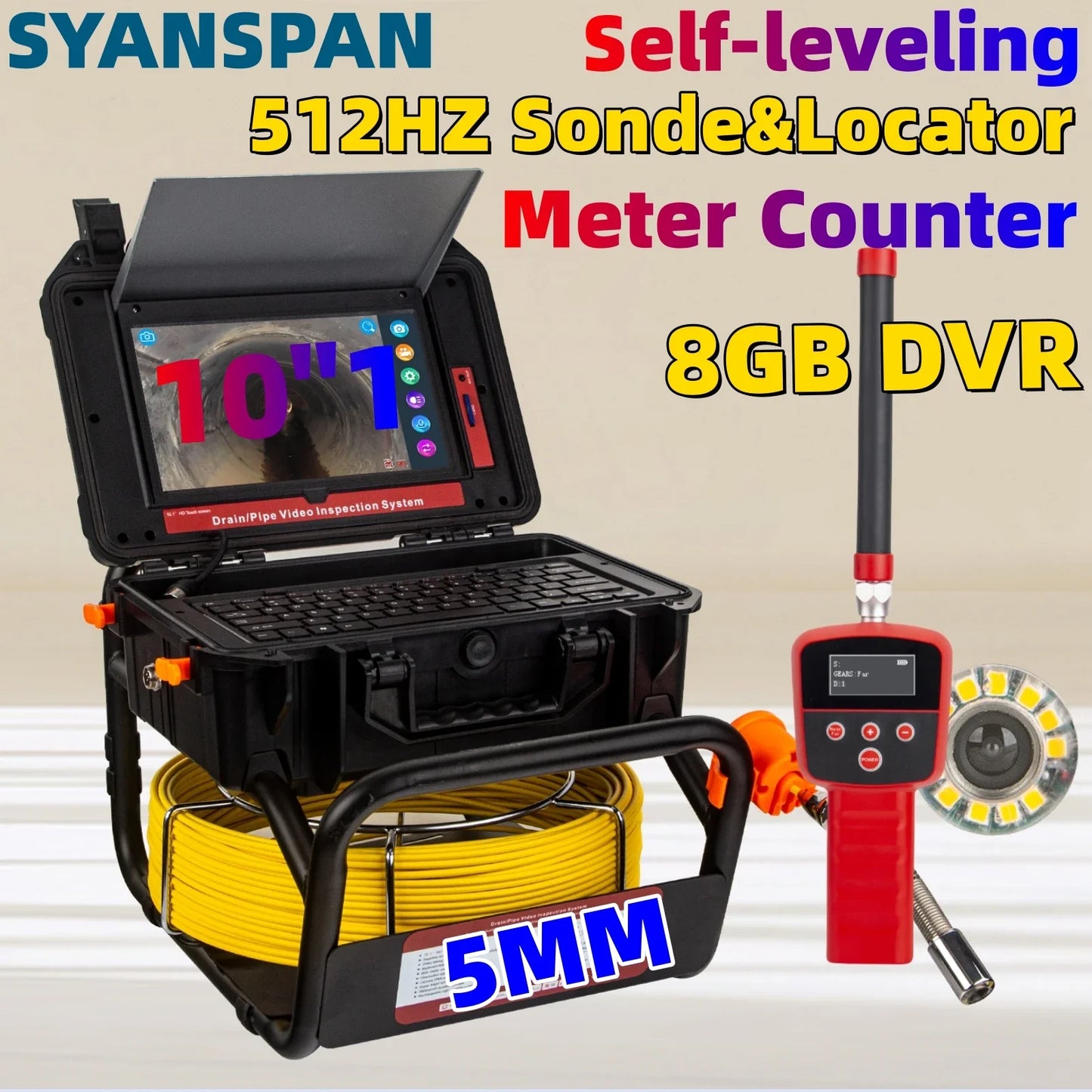 Pipe Inspection Camera 10.1inch1080P Screen,SYANSPAN Sewer Endonscope Self-Leveling 512HZ Sonde/Transmitter Meter Counter 30/50M
