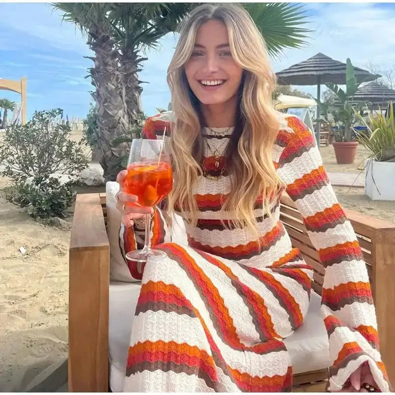 Striped Knitted Long Dress Women O-neck Backless Hollowed Out Long Sleeves Lady Bodycon Dress 2024 Spring Summer Vacation Robe
