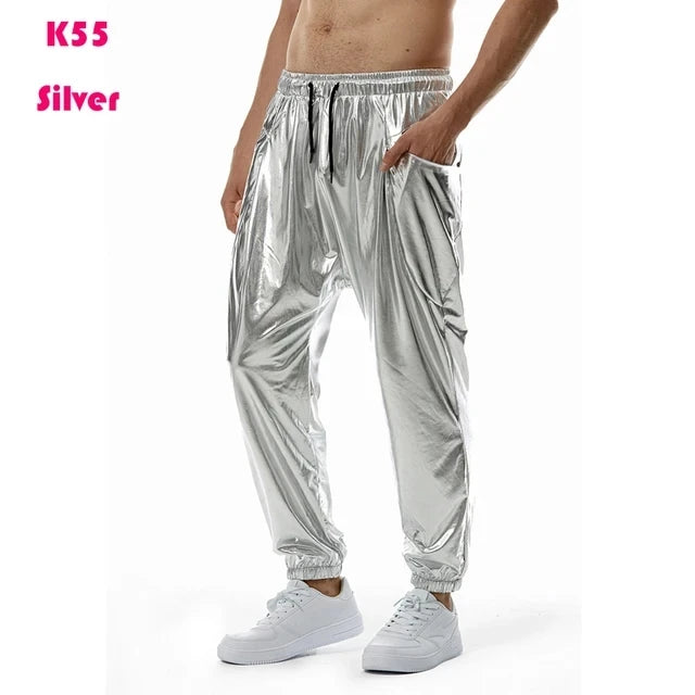 Mens Joggers Metallic Shiny Gold Fish Scales Sweatpants 70s Disco Dance Harem Pants Men Nightclub Stage Party Streetwear Trousers - Premium joggers from Lizard Vigilante - Just $34.99! Shop now at Lizard Vigilante