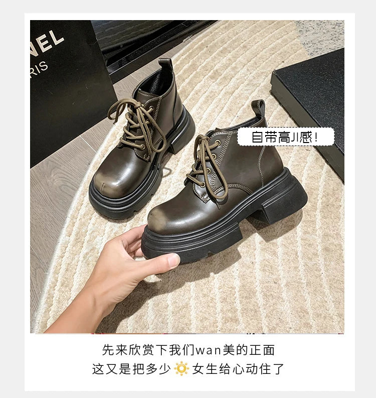 Women’s Lace-Up Ankle Boots – Med Hoof Heel Lolita Rock Round Toe PU Leather Winter Footwear | Solid Rubber Sole, Handmade Classic Street Style - Premium boot from dsers - Just $96.66! Shop now at Lizard Vigilante