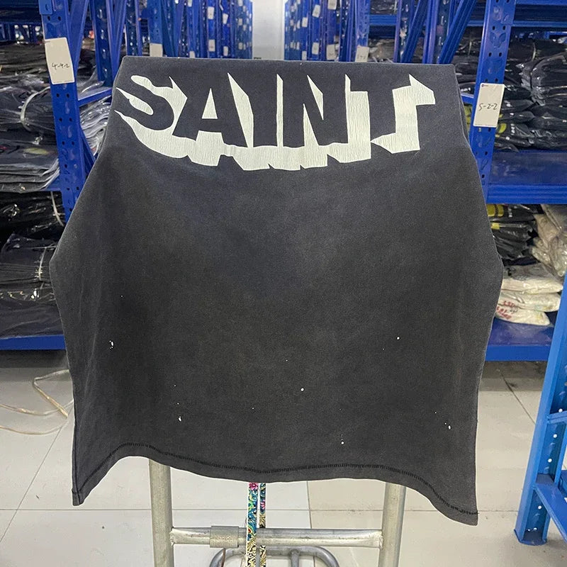 Men Women High Street Vintage Washed Black T-Shirt Top Quality Cototn TEE 3D Cracked Letters Logo Print Saint T Shirt With Tags - Premium  from Lizard Vigilante - Just $64.99! Shop now at Lizard Vigilante