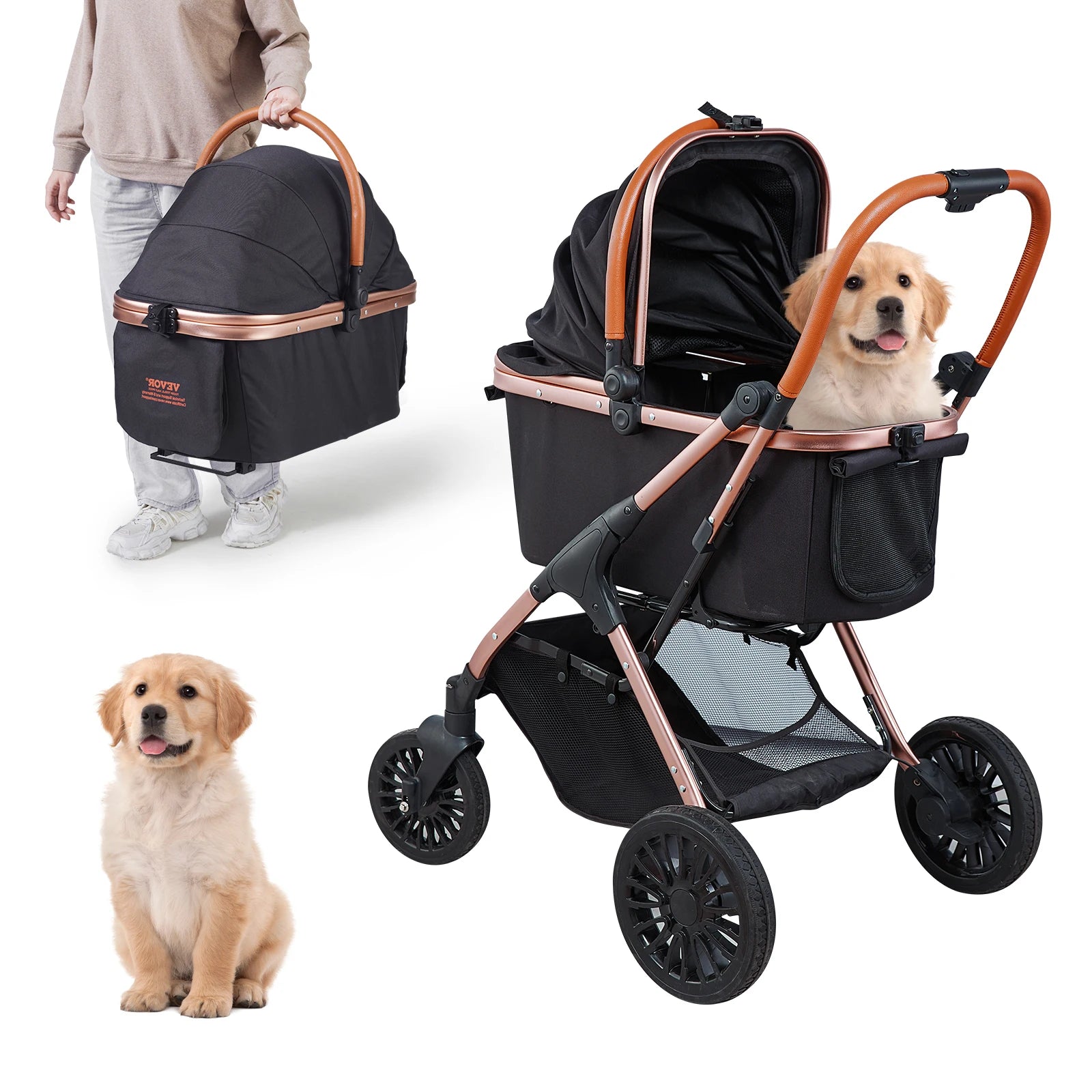 VEVOR 66 lbs Pet Stroller Foldable Dog Puppy Stroller with Brakes Storage Basket Detachable Carrier for Small to Medium Dogs - Premium  from Lizard Vigilante - Just $229.99! Shop now at Lizard Vigilante