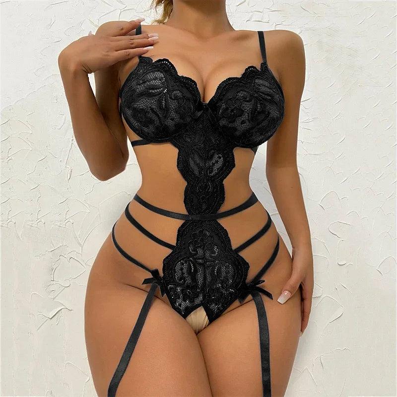 Lingerie Set Costume Female Crotchless Bodysuits Underwear Women Lace Sling Patchwork String Sheer Bra Set - Lizard Vigilante