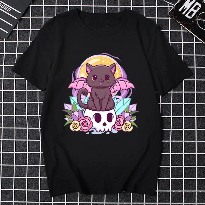 Women Halloween Pastel Goth Cute Creepy Demon Cat and Skull T Shirt Pastel Goth Creepy Cat Japanese Manga Printed T-shirt - Premium T-Shirt from Lizard Vigilante - Just $22.99! Shop now at Lizard Vigilante