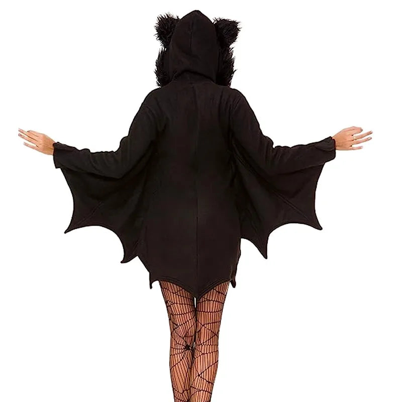 Cozy Black Animal Halloween Costume for Women Bat Adult Cosplay Vampire Zipper Dress Send Black Sexy Socks