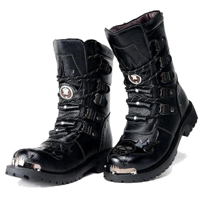 Winter Men Motorcycle Boots New Fashion Mid-Calf Punk Rock Punk Shoes Mens Genuine Leather Black High Top Mens Casual Boot 38-46 - Lizard Vigilante