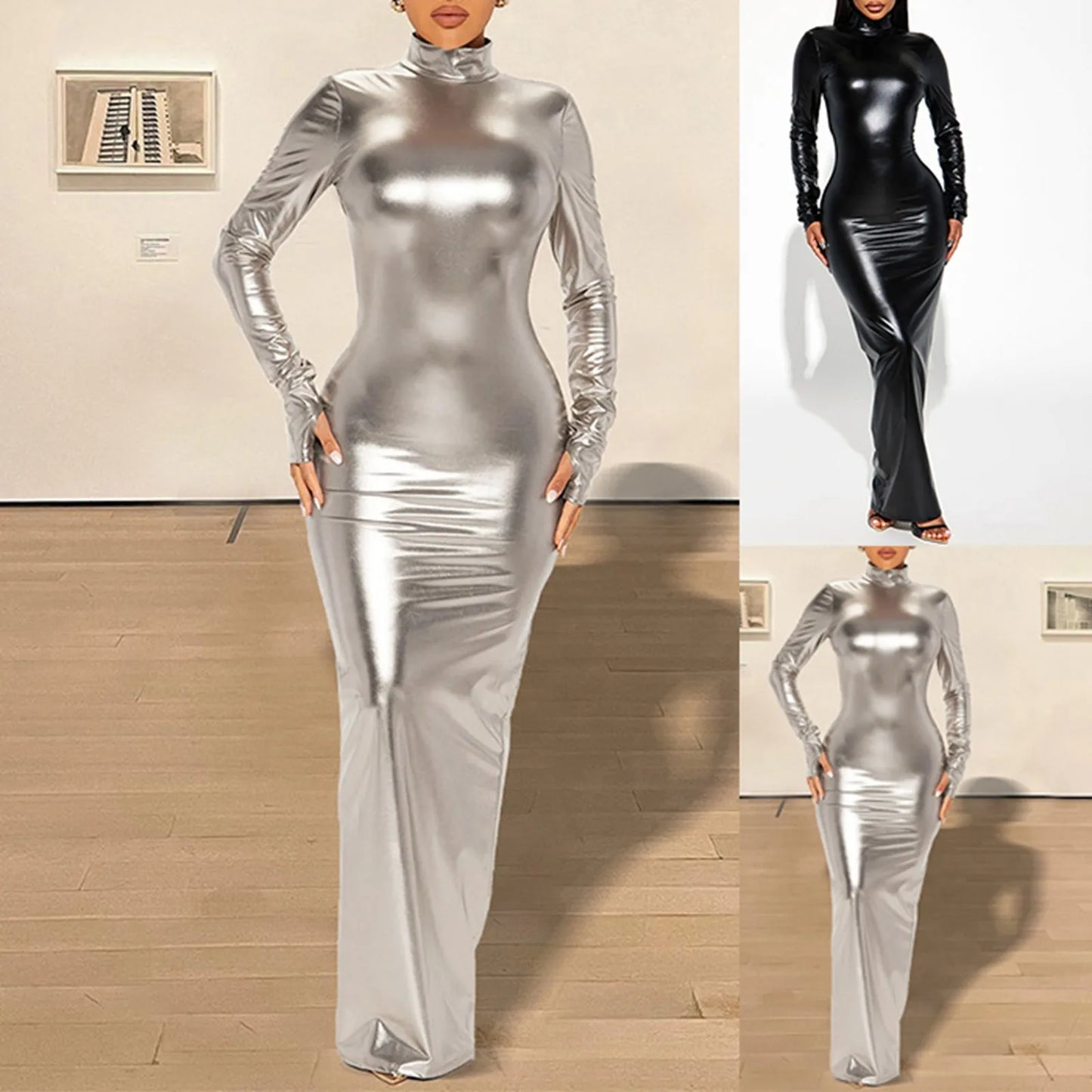 Elegant Bodycon Maxi Dress for Women – Sexy Hollow Out Backless Long Sleeve Shiny Gold Party Dress - Premium dress from Lizard Vigilante - Just $48.88! Shop now at Lizard Vigilante