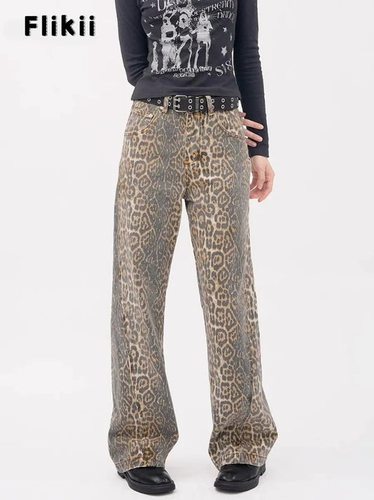 Y2k Vintage Leopard Print Loose Women Jeans Autumn New Classic Straight High Waist Slim Casual Fashion Female Jeans 2024 New