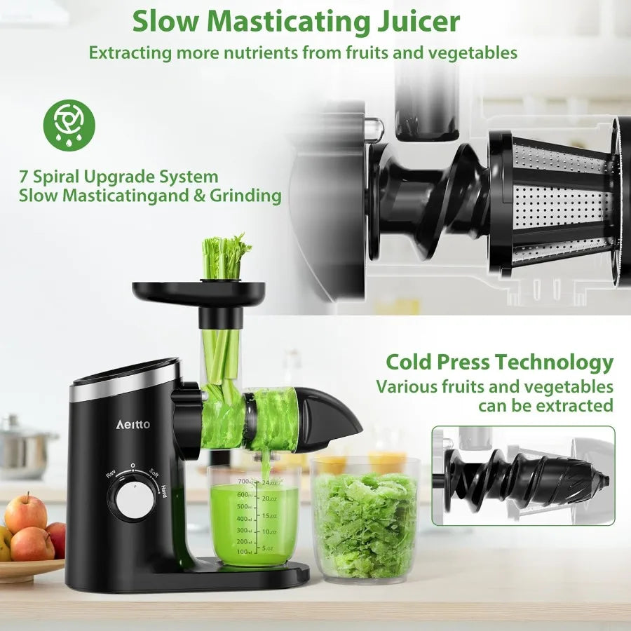 Classic horizontal cold press juicer with quiet motor designed for high juice yield easy to clean featuring soft and hard modes