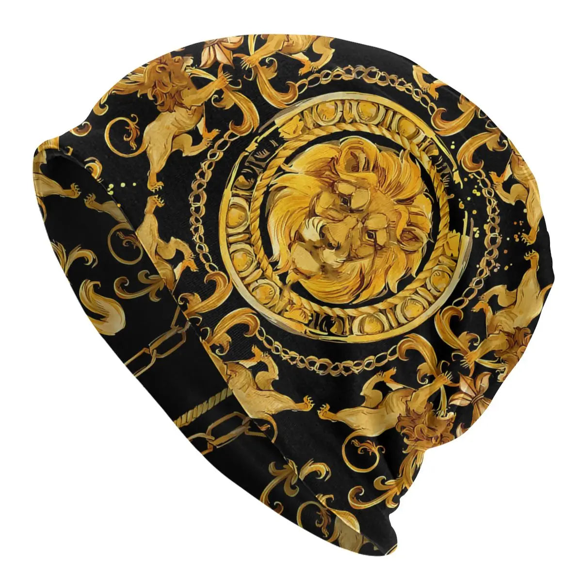 Golden Lion & Damask Skullies Beanie – Luxury Fashion Hat with Earmuffs for Men & Women, Windproof & Stylish - Premium beanie from Lizard Vigilante - Just $19.88! Shop now at Lizard Vigilante