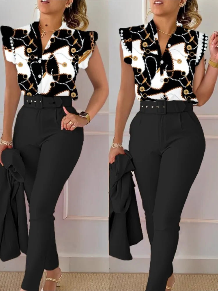 Women's Elegant Floral Slim Two-Piece Set - V-Neck Flying Sleeve Top & High-Waist Pencil Pants with Sash Belt - Premium suit from Lizard Vigilante - Just $38.88! Shop now at Lizard Vigilante