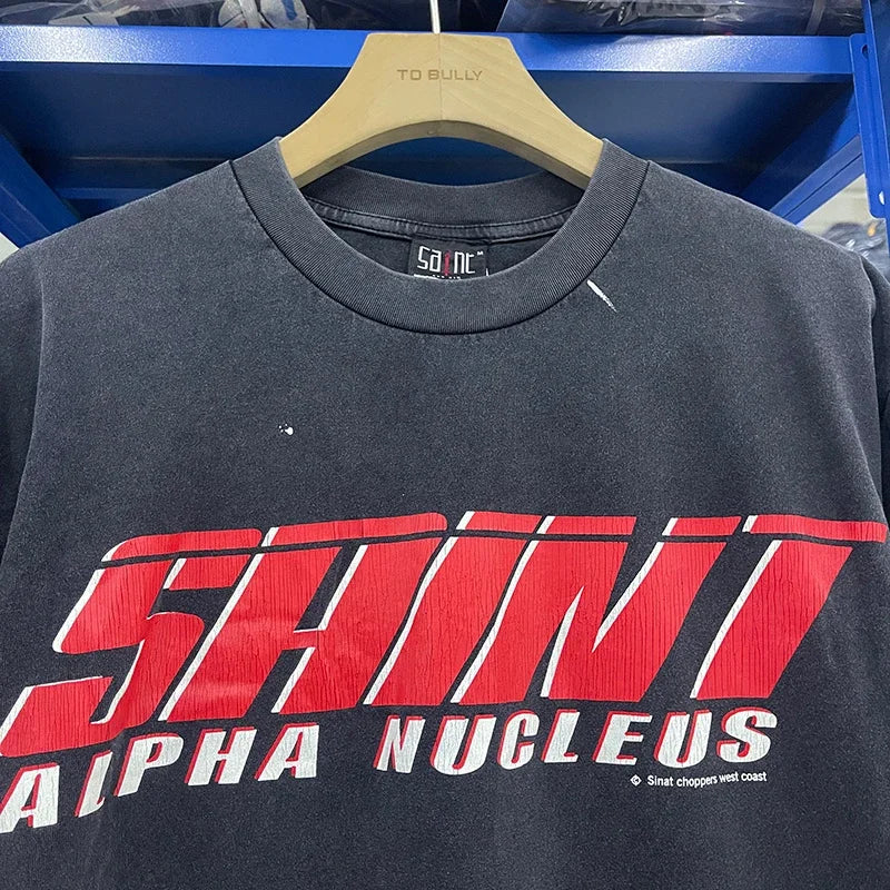 Men Women High Street Vintage Washed Black T-Shirt Top Quality Cototn TEE 3D Cracked Letters Logo Print Saint T Shirt With Tags - Premium  from Lizard Vigilante - Just $64.99! Shop now at Lizard Vigilante