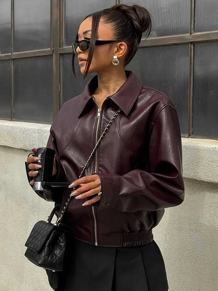 2024 Women's High Street Brown Leather Jacket – Long Sleeve V-Neck Lace-Up Coat | Trendy Autumn/Winter Outerwear - Premium leather jacket from Lizard Vigilante - Just $40.99! Shop now at Lizard Vigilante