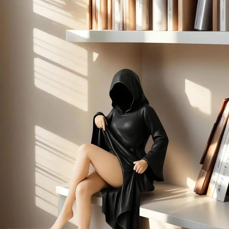 Gothic Statue Sitting Women Resin Ornaments Mysterious Bookshelf Sculptures Ghost Black Horror Robe Desktop Home Room Decor