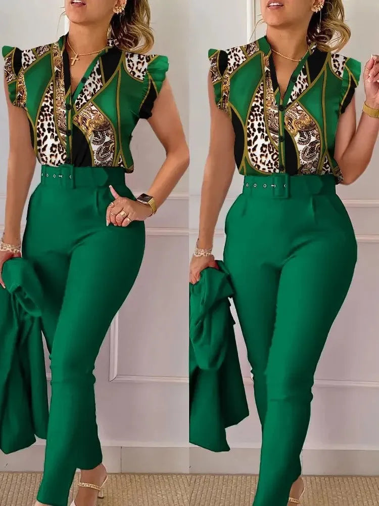 Women's Elegant Floral Slim Two-Piece Set - V-Neck Flying Sleeve Top & High-Waist Pencil Pants with Sash Belt - Premium suit from Lizard Vigilante - Just $38.88! Shop now at Lizard Vigilante