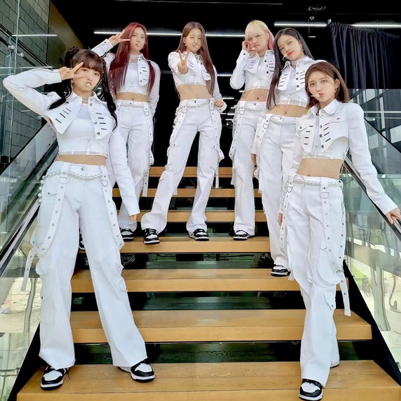 Kpop Korean New Women White Slim Crop Top Cargo Pants Concert Outfits Festival Clothes Lady Stage Rave Hip Hop Vest Dancer Suits - Premium  from Lizard Vigilante - Just $39.99! Shop now at Lizard Vigilante