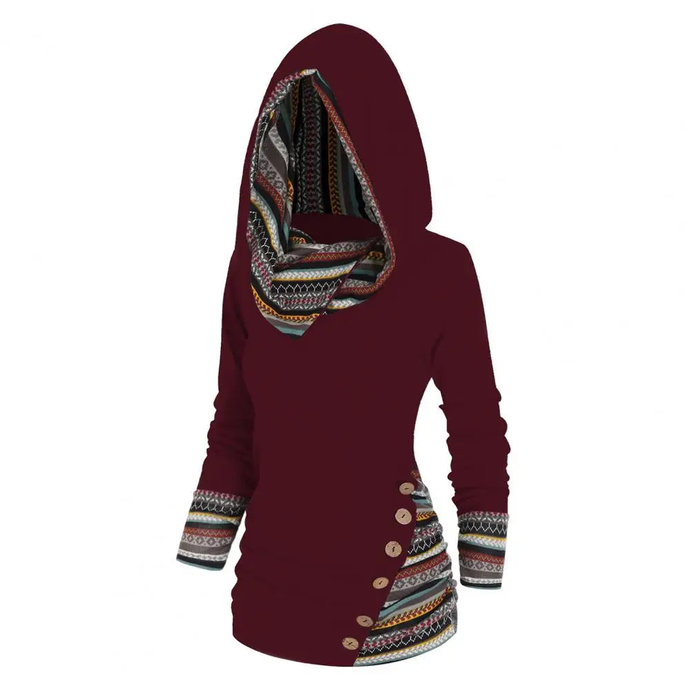 Women Sweatshirt Ethnic Style Geometric Stripe Splicing Print Hoodie Autumn Winter Hooded Long Sleeve Mid-length Sweatshirt - Premium hoodie from Lizard Vigilante - Just $39.99! Shop now at Lizard Vigilante