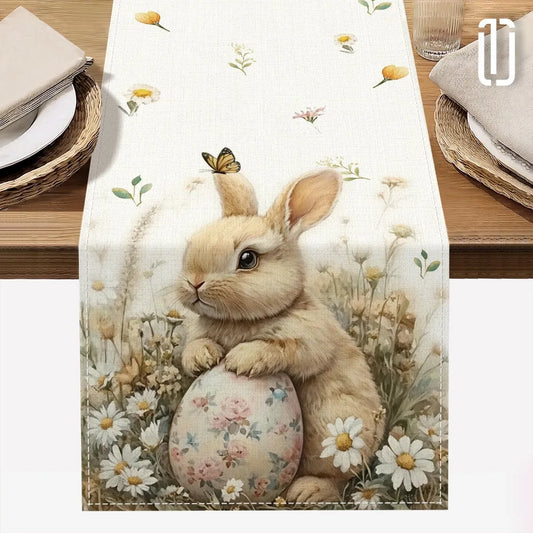 1pc Easter Bunny and Floral Egg Table Runner for Spring Holiday Home Decor, Easter Celebration Tablecloth Gift Idea