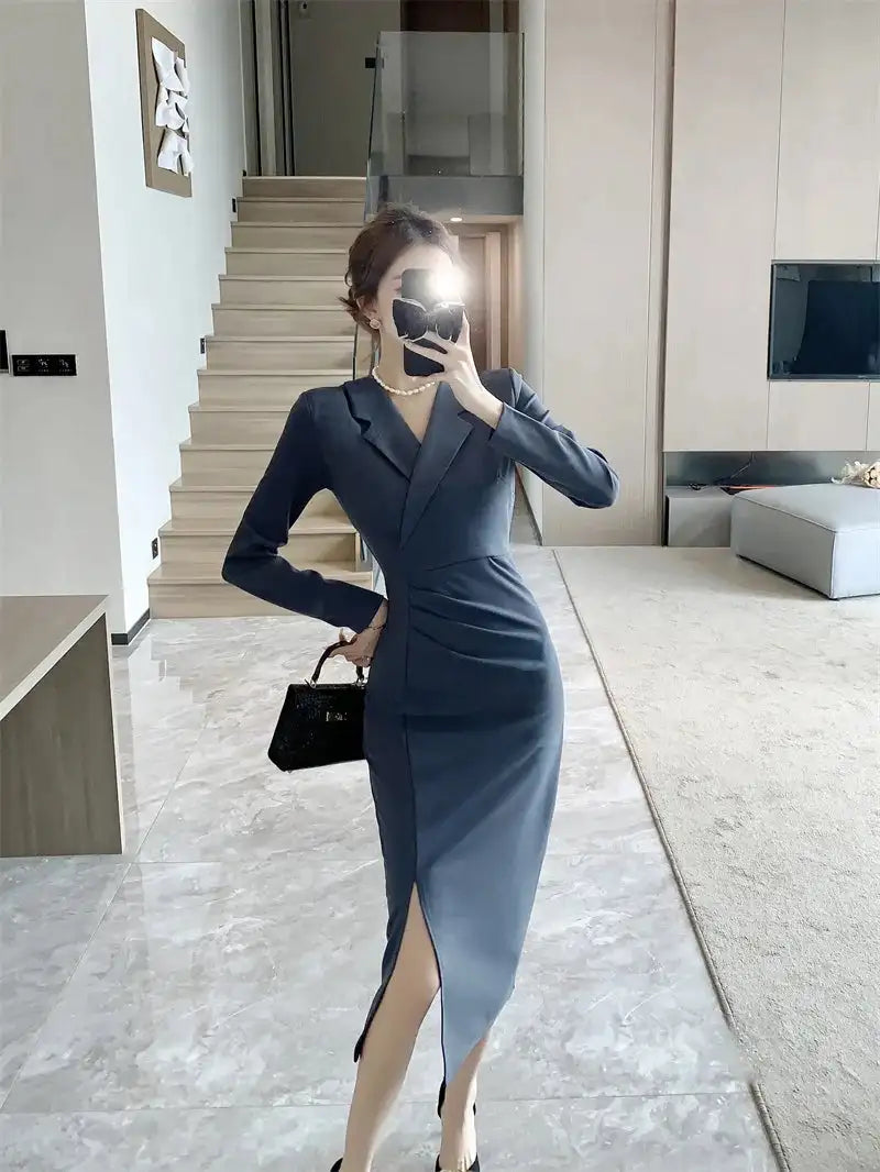 Women Pink Pleated Bodycon Formal Long Dress Autumn Winter Long Sleeve Chic Suit Dress 2025 Korean Fashion Elegant Party Dresses
