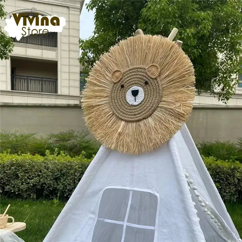 Nordic Hand Woven Lion Wall Hanging Ornaments Cartoon Animal Head Straw Weaving Children Room Wall Decor Tent Party Decoration