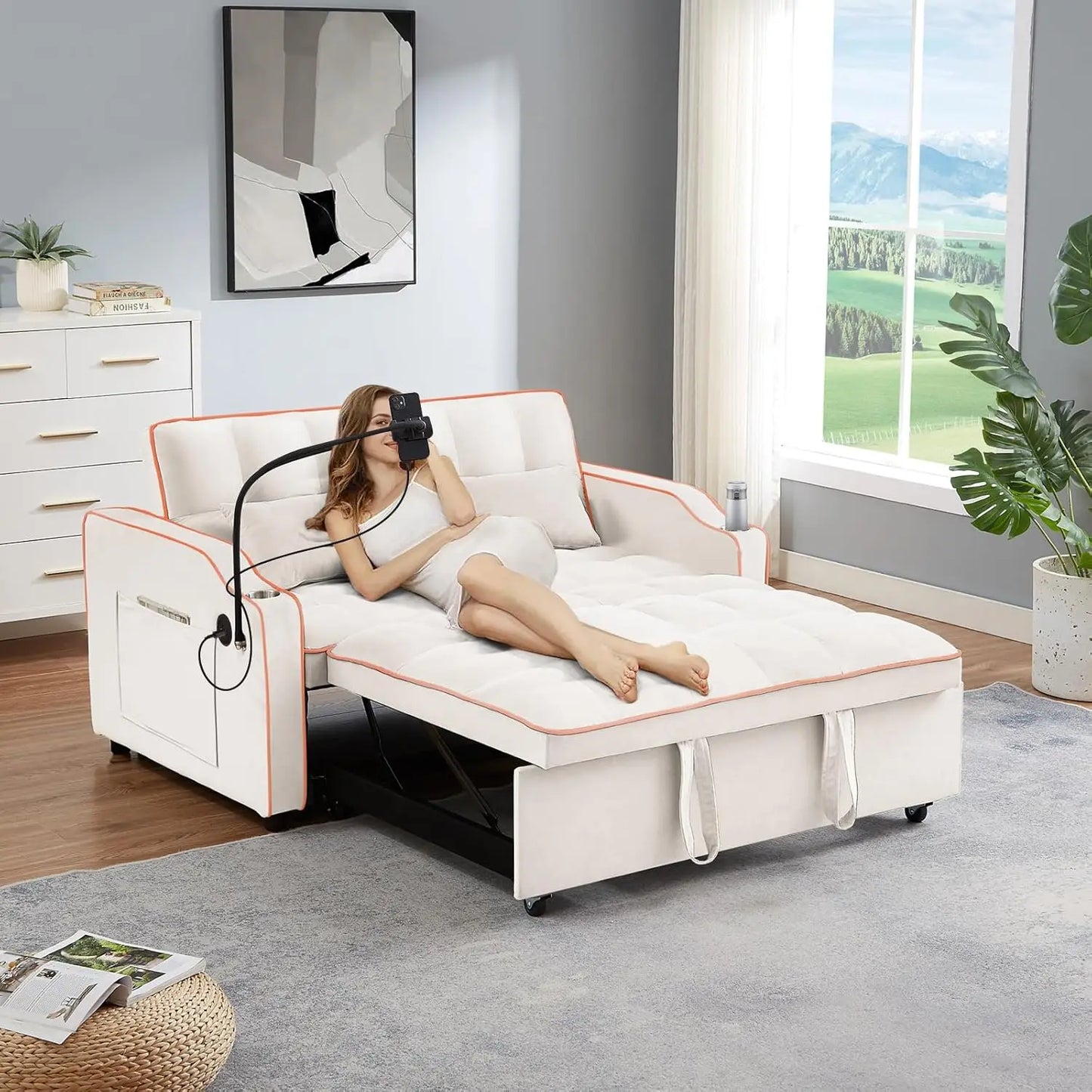 3-in-1 Convertible Velvet Pull-Out Couch Bed with USB & Type C Port – Comfy Futon Loveseat with Adjustable Backrest, Phone Stand & Cup Holder - Premium couch from Lizard Vigilante - Just $1799.88! Shop now at Lizard Vigilante