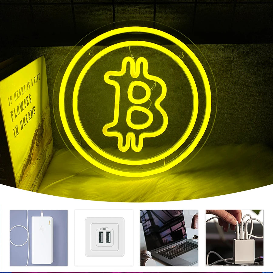 Bitcoin Neon Sign Yellow LED Handmade USB Powered Wall Decor For Bedroom Bar Shop Game Room