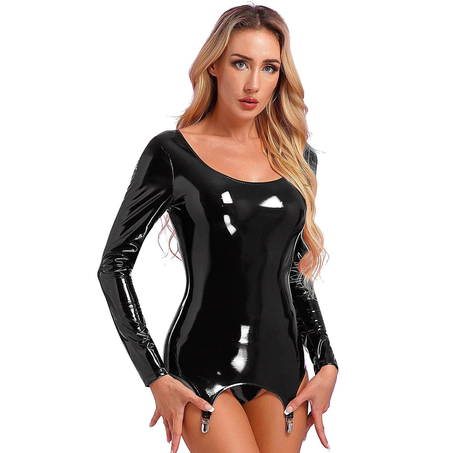 Womens Sleeveless Latex Tank Wet Look Rave Clubwear Dresses Patent Leather Costume Bodycon Mini Dresses with Metal Clips - Lizard Vigilante