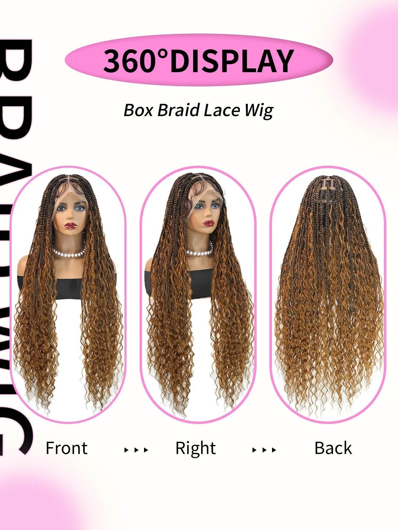 Boho Knotless Braided Wigs Synthetic Full Lace Braids With Curly Hair Ends Goddess Ombre Blonde Box Braided Wigs With Baby Hair