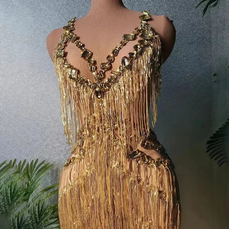 Sparkling Gold Rhinestone & Tassel Dance Jumpsuit – Glamorous Rave, Gogo, Queen Stage Costume - Premium costume from Lizard Vigilante - Just $188.88! Shop now at Lizard Vigilante