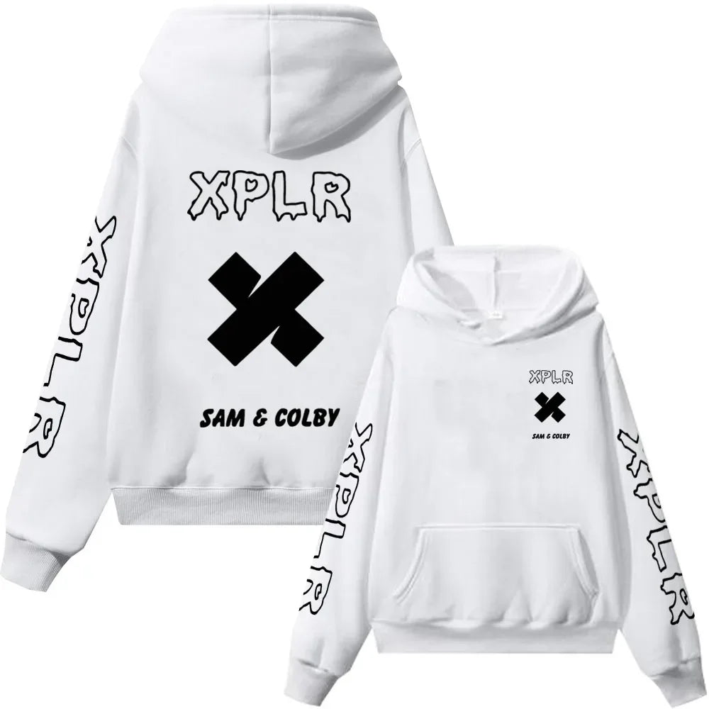 XPLR Hoodie – Sam and Colby Chainlink Merch with Heart-Shaped Print - Premium hoodie from Lizard Vigilante - Just $43.88! Shop now at Lizard Vigilante