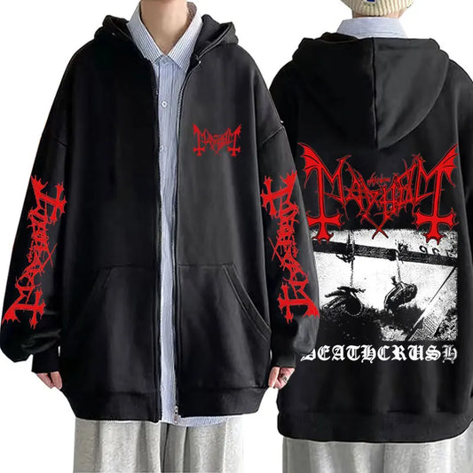 Deathcrush Mayhem Zipper Hoodie – Oversized Gothic Metal Rock Jacket for Men & Women, Death Black Streetwear with Fleece Warmth & Unholy Vibes - Premium hoodie from Lizard Vigilante - Just $48.88! Shop now at Lizard Vigilante